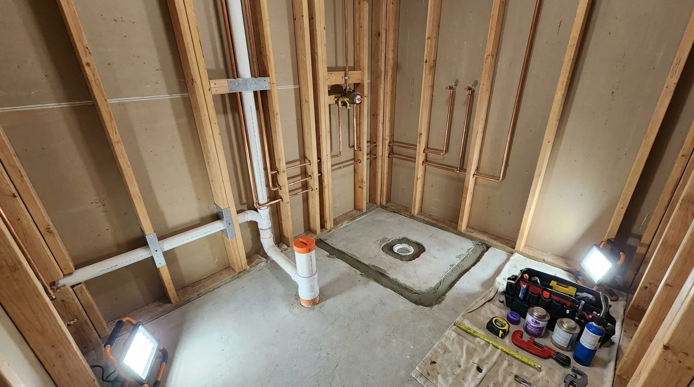 Bathroom rough-in plumbing during remodel by Johns Plumbing LLC in Sigourney