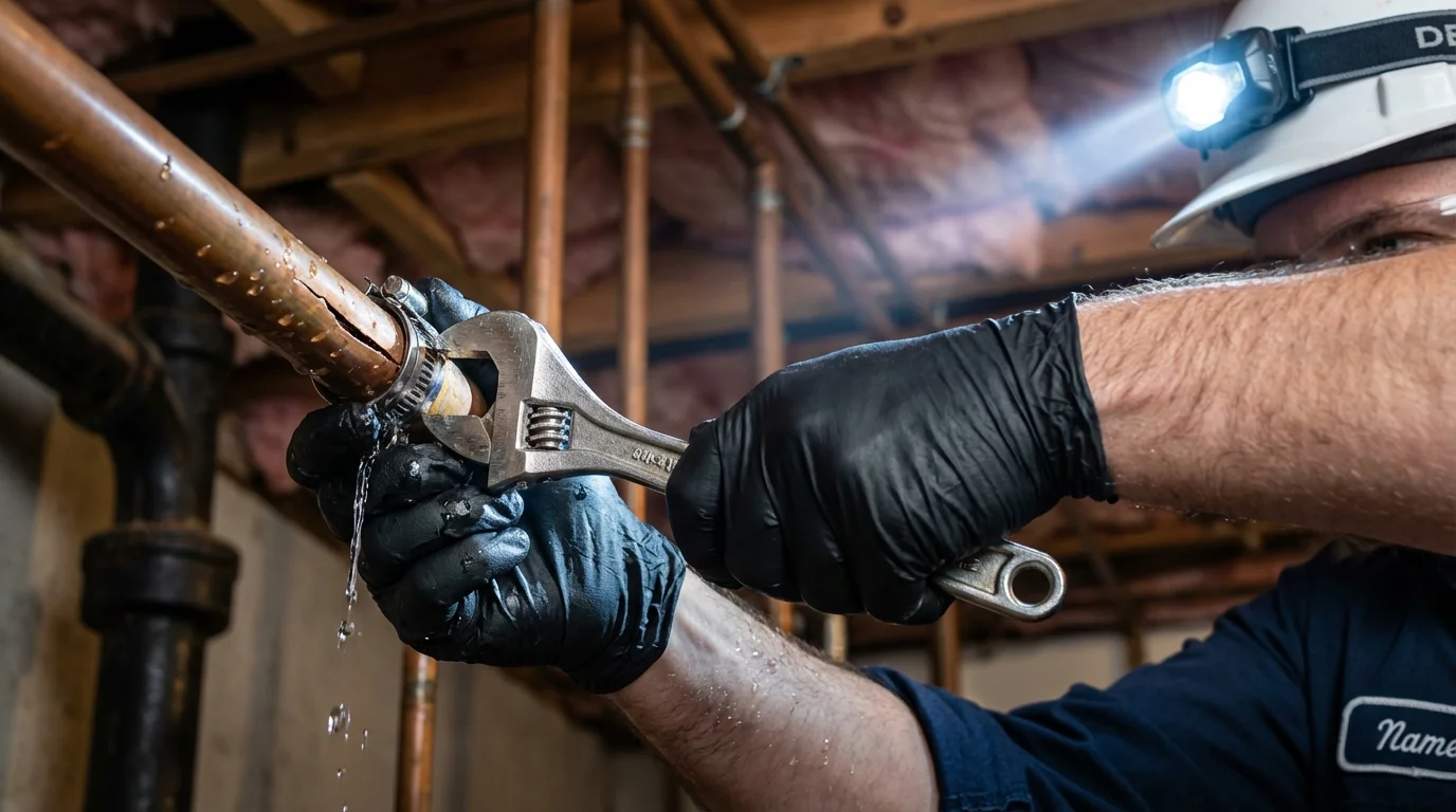 Emergency pipe clamp repair being performed by a Johns Plumbing LLC plumber in Sigourney