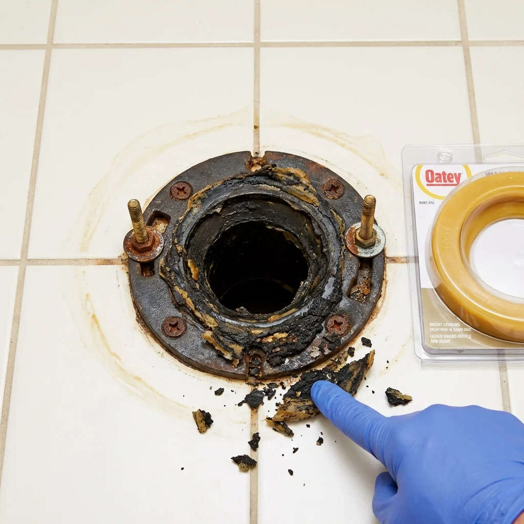 Failed wax ring showing water seepage at the base of a toilet in a Sigourney, IA home