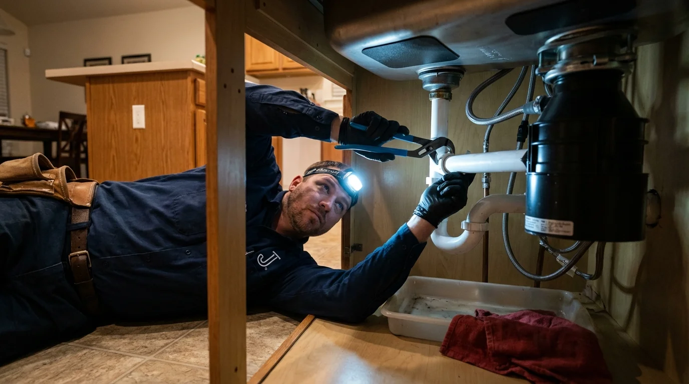 P-trap and supply line connections under a kitchen sink showing a common leak point in Sigourney, IA